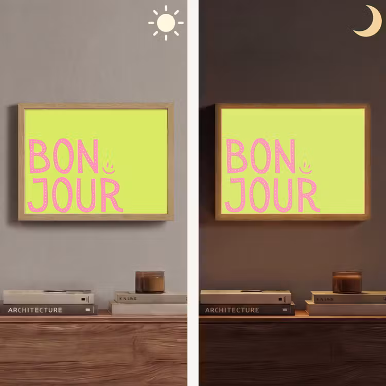 Groen - Smiley - Bonjour - Roze Light Box met batterij (Wandlamp) middel -sfeer3