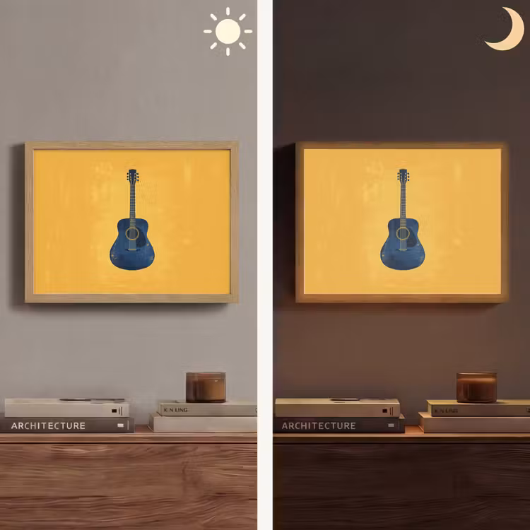 Gitaar - Akoestisch - Geel - Minimalistisch Light Box met batterij (Wandlamp) middel -sfeer3