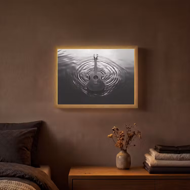 Gitaar - Hout - Water Light Box met batterij (Wandlamp) middel -sfeer4
