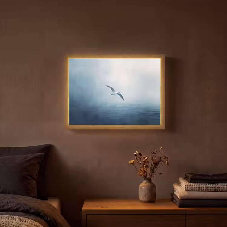 Meeuw - Wit - Zee - Mistig Light Box met batterij (Wandlamp) middel -sfeer4