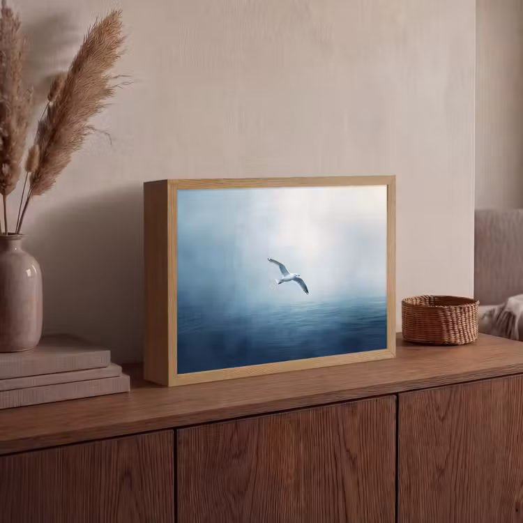 Meeuw - Wit - Zee - Mistig Light Box met batterij (Wandlamp) middel -sfeer2