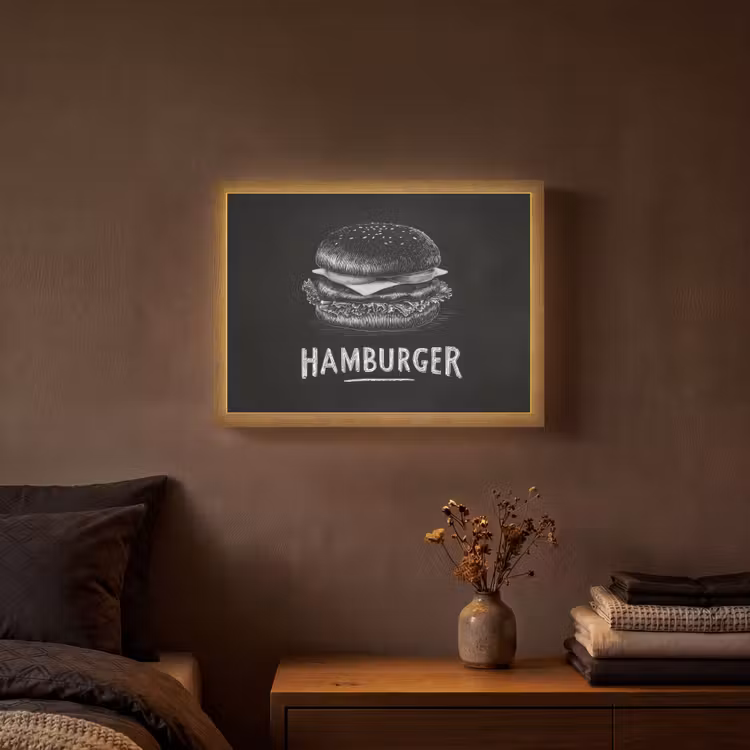 Hamburger - Krijttekst - Zwart - Wit Light Box met batterij (Wandlamp) middel -sfeer4