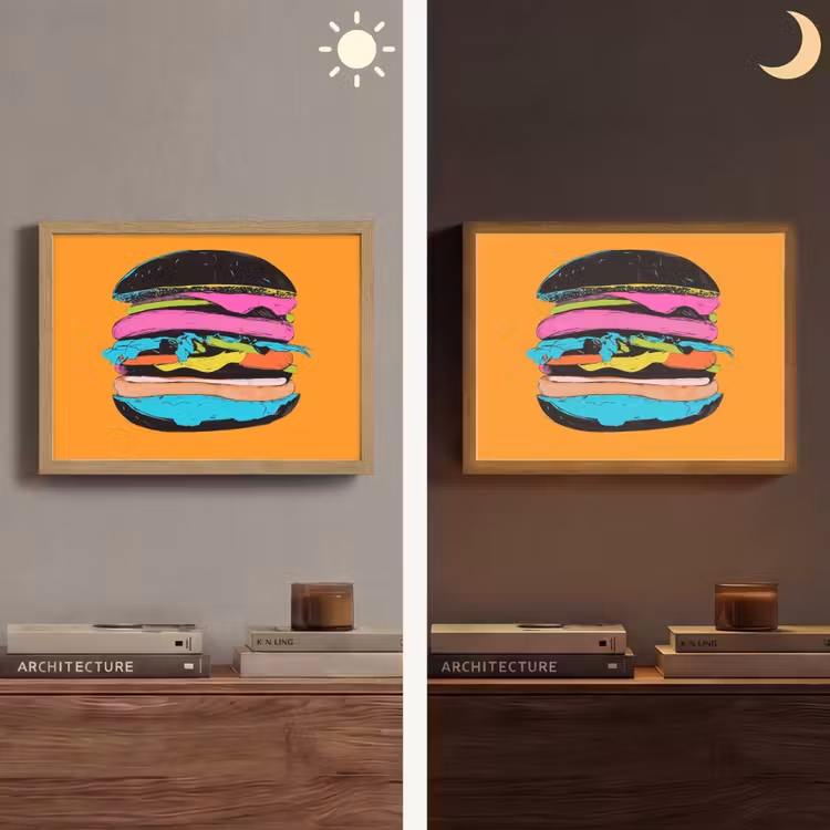 Hamburger - Kleurrijk - Speels Light Box met batterij (Wandlamp) middel -sfeer3