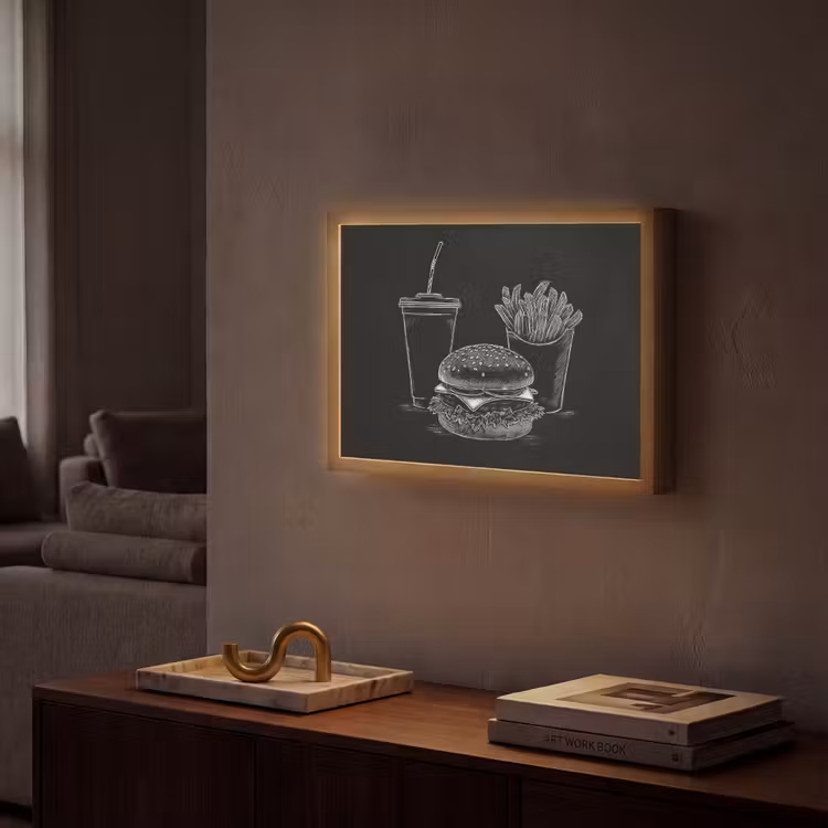 Hamburger - Friet - Frisdrank - Krijttekening Light Box met batterij (Wandlamp) middel -sfeer1