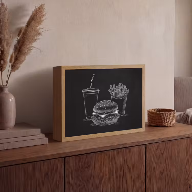 Hamburger - Friet - Frisdrank - Krijttekening Light Box met batterij (Wandlamp) middel -sfeer2