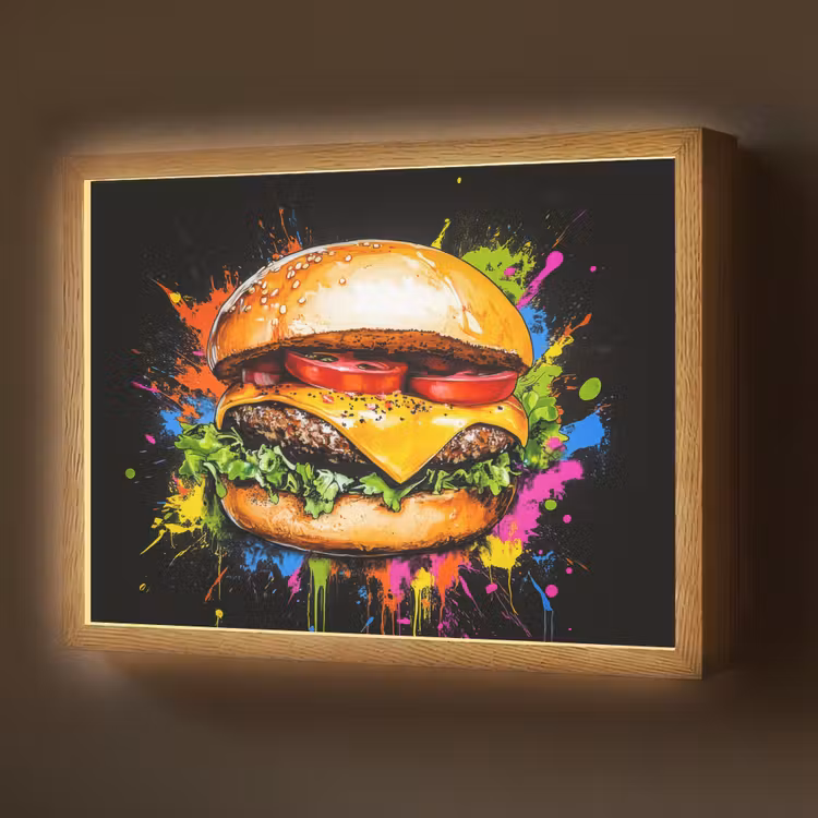 Hamburger - Graffiti - Verf - Kleurrijk - Eten - Abstract Light Box met batterij (Wandlamp) middel -z3d_website