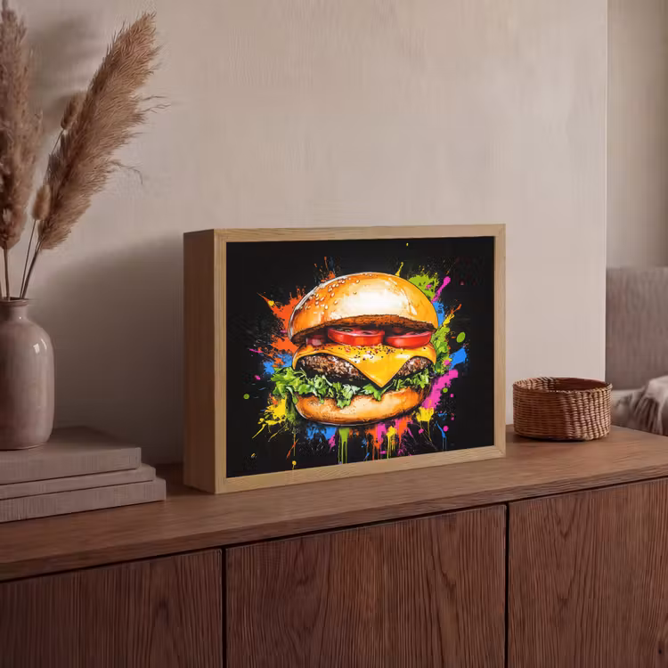 Hamburger - Graffiti - Verf - Kleurrijk - Eten - Abstract Light Box met batterij (Wandlamp) middel -sfeer2