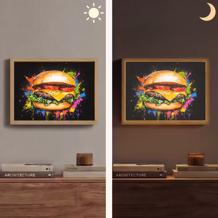 Hamburger - Graffiti - Verf - Kleurrijk - Eten - Abstract Light Box met batterij (Wandlamp) middel -sfeer3