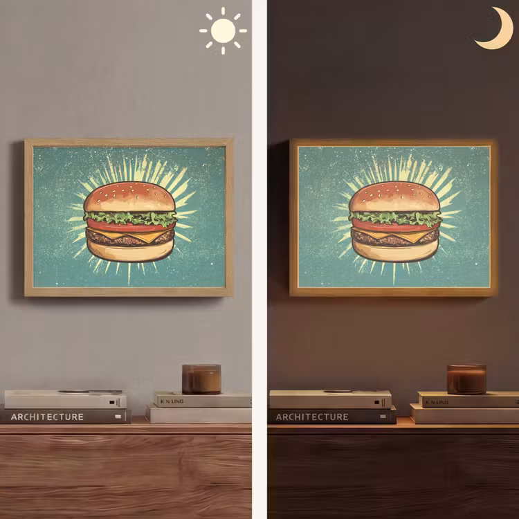 Hamburger - Illustratie - Sla - Kaas Light Box met batterij (Wandlamp) middel -sfeer3
