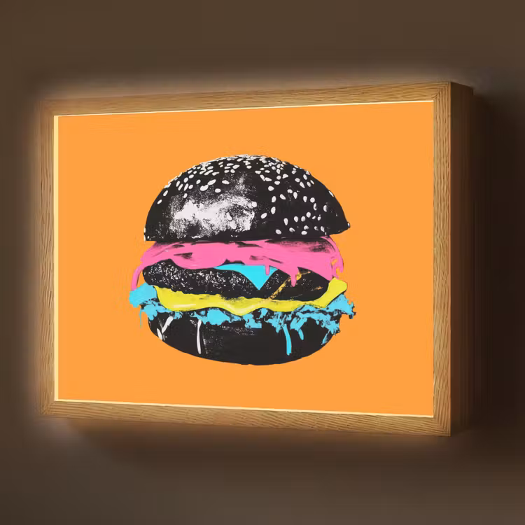 Hamburger - Oranje - Neon - popart Light Box met batterij (Wandlamp) middel -z3d_website