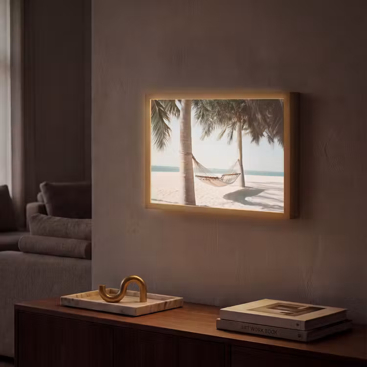 Hangmat - Palmbomen - Strand - Zee Light Box met batterij (Wandlamp) middel -sfeer1