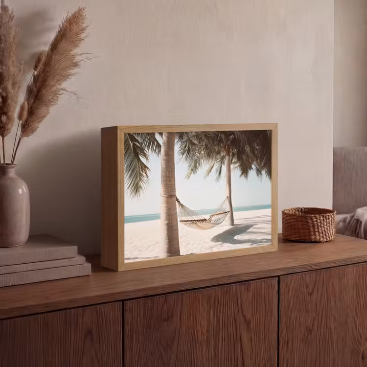 Hangmat - Palmbomen - Strand - Zee Light Box met batterij (Wandlamp) middel -sfeer2