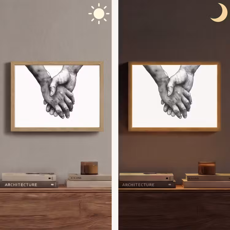Handen - Zwart wit - Modern - Kunst Light Box met batterij (Wandlamp) middel -sfeer3