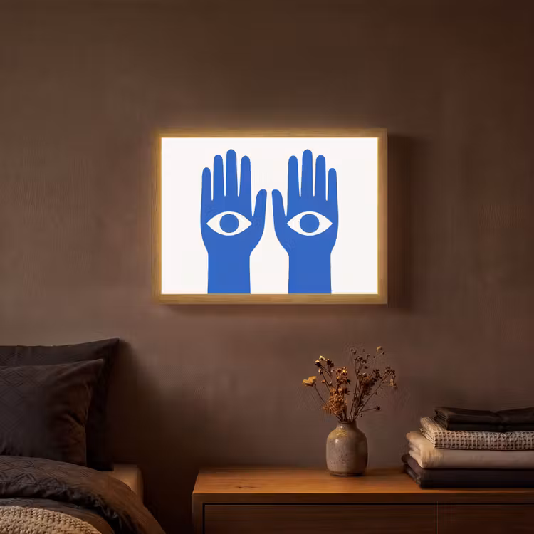 Handen - Twee - Ogen - Blauw Light Box met batterij (Wandlamp) middel -sfeer4