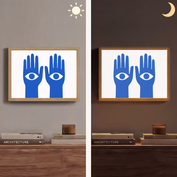 Handen - Twee - Ogen - Blauw Light Box met batterij (Wandlamp) middel -sfeer3