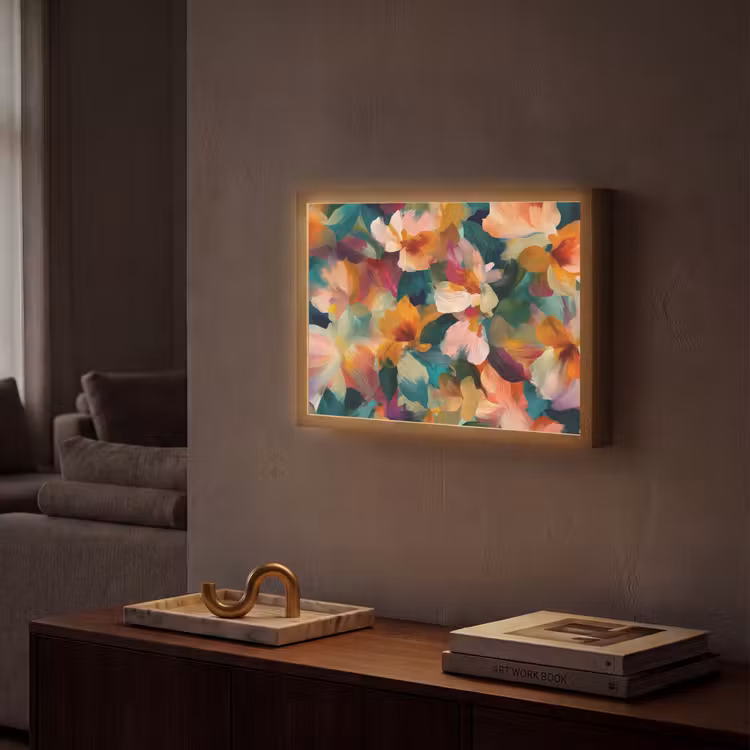 Harmonieus - Abstracte bloemen - Warme tinten Light Box met batterij (Wandlamp) middel -sfeer1