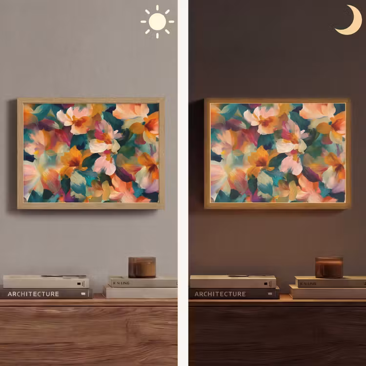 Harmonieus - Abstracte bloemen - Warme tinten Light Box met batterij (Wandlamp) middel -sfeer3