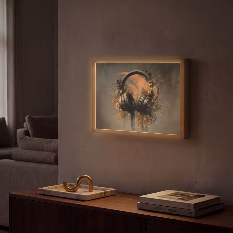 Koptelefoon - Bruin - Verf - Vintage Light Box met batterij (Wandlamp) middel -sfeer1