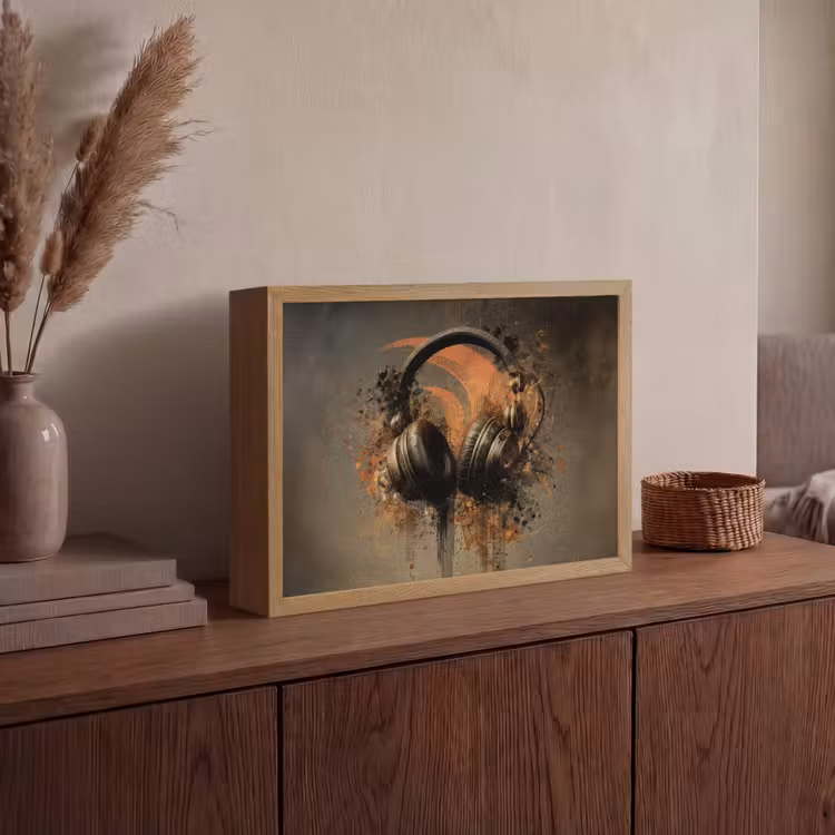 Koptelefoon - Bruin - Verf - Vintage Light Box met batterij (Wandlamp) middel -sfeer2