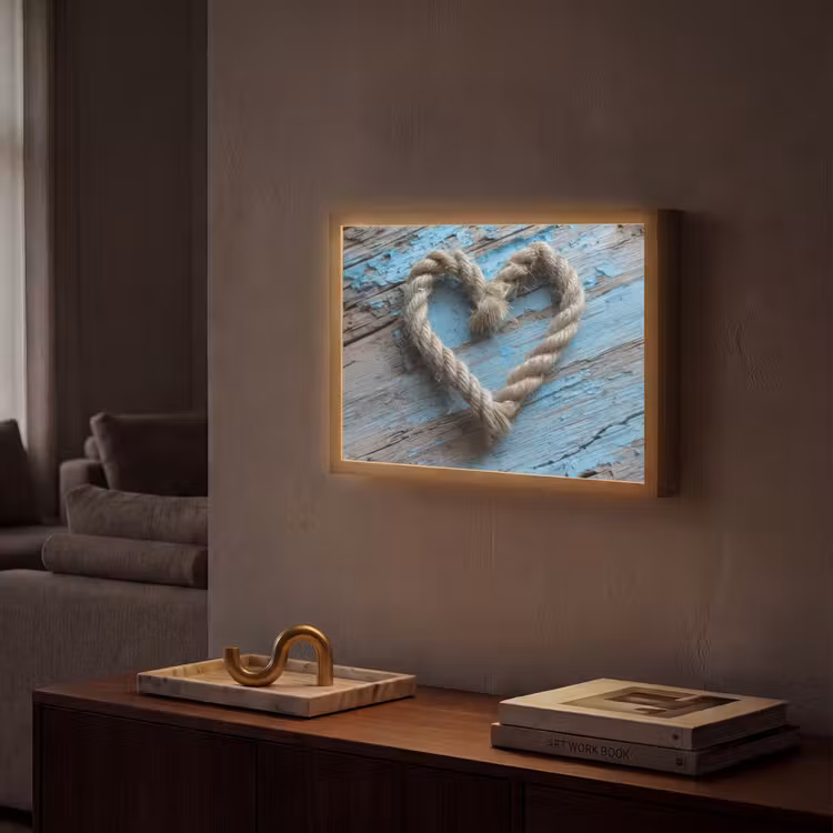 Hart - Touw - Hout - Rustiek Light Box met batterij (Wandlamp) middel -sfeer1