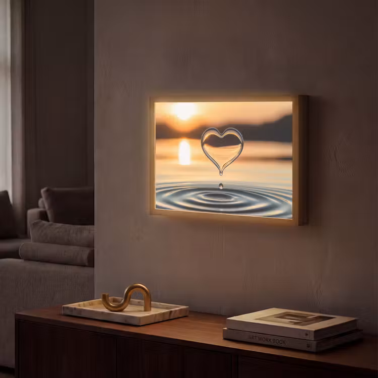 Hart - Water - Zonsondergang - Natuur - Zen Light Box met batterij (Wandlamp) middel -sfeer1
