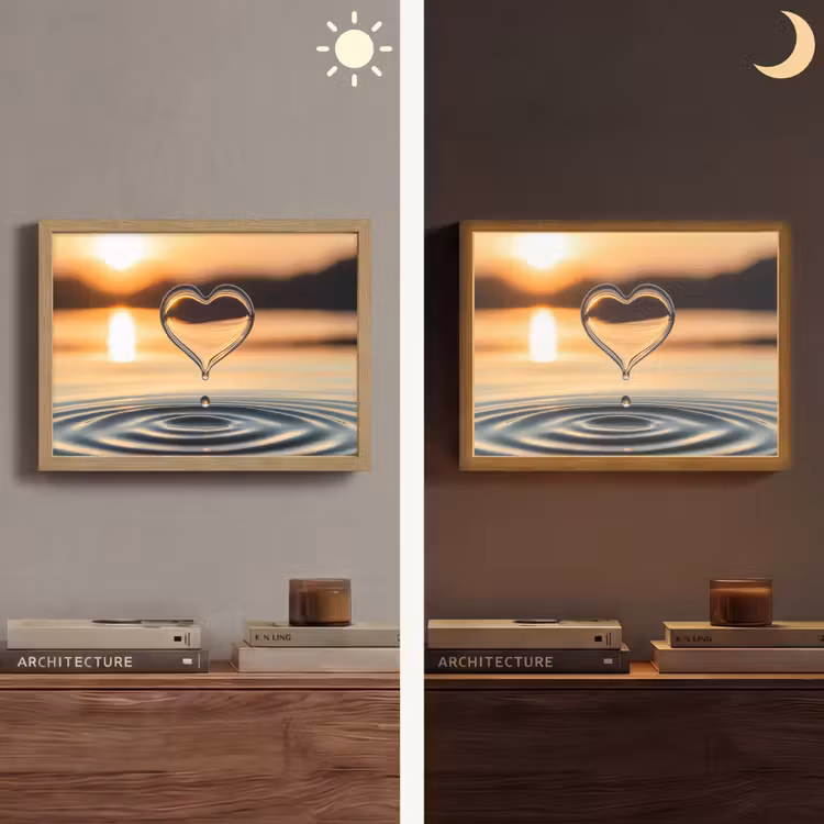 Hart - Water - Zonsondergang - Natuur - Zen Light Box met batterij (Wandlamp) middel -sfeer3
