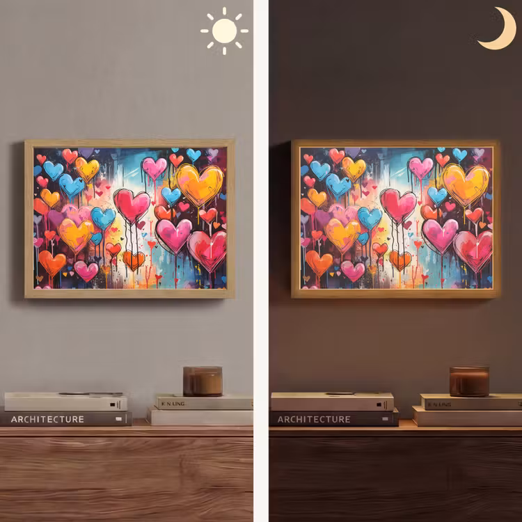 Hartjes - Kleuren - Kunst - Liefde Light Box met batterij (Wandlamp) middel -sfeer3