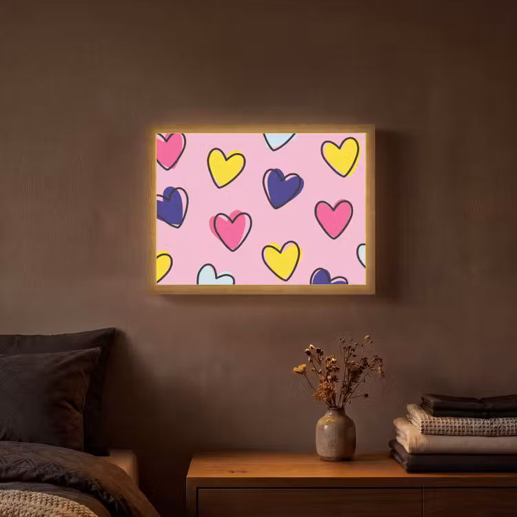 Hartjes - Valentijn - Patroon - Kleurrijk Light Box met batterij (Wandlamp) middel -sfeer4