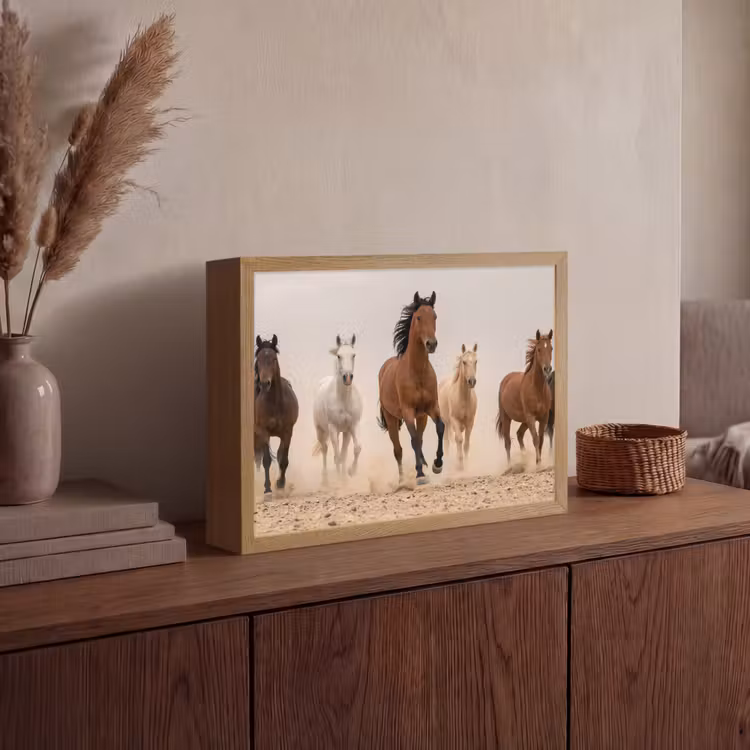 Kudde paarden - Stofwolk - Bruin - Zwart Light Box met batterij (Wandlamp) middel -sfeer2