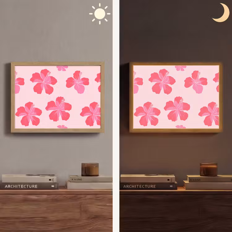 Hibiscus - Bloemen - Roze Light Box met batterij (Wandlamp) middel 907 -sfeer3