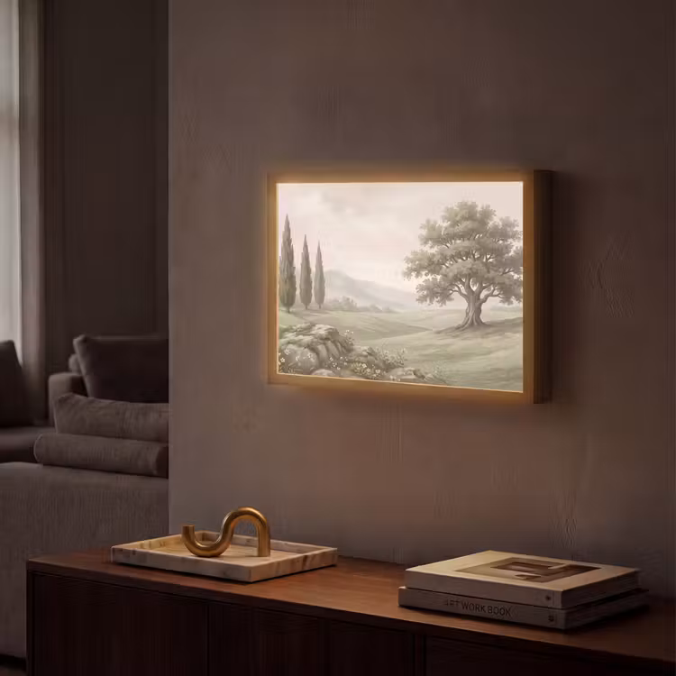 Heuvellandschap - Bomen - Natuur - Groen Light Box met batterij (Wandlamp) middel -sfeer1