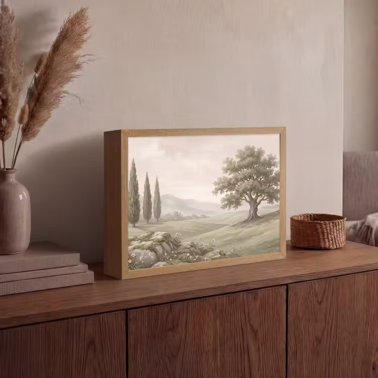 Heuvellandschap - Bomen - Natuur - Groen Light Box met batterij (Wandlamp) middel -sfeer2