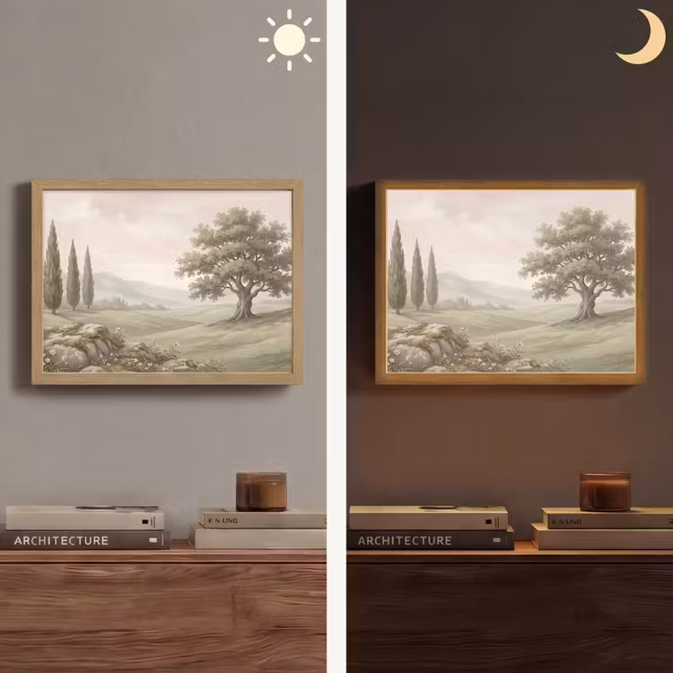 Heuvellandschap - Bomen - Natuur - Groen Light Box met batterij (Wandlamp) middel -sfeer3