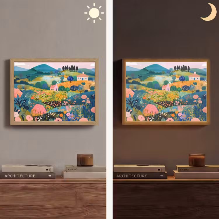 Heuvellandschap - Fantasierijk - Kleurcontrasten Light Box met batterij (Wandlamp) middel -sfeer3
