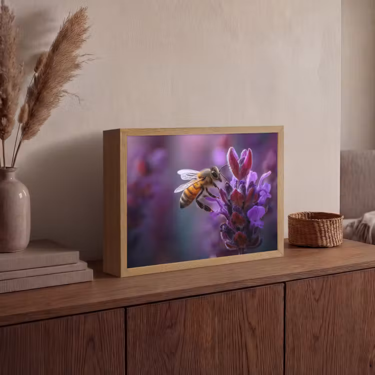 Honingbij - Paarse bloemen - Details Light Box met batterij (Wandlamp) middel -sfeer2