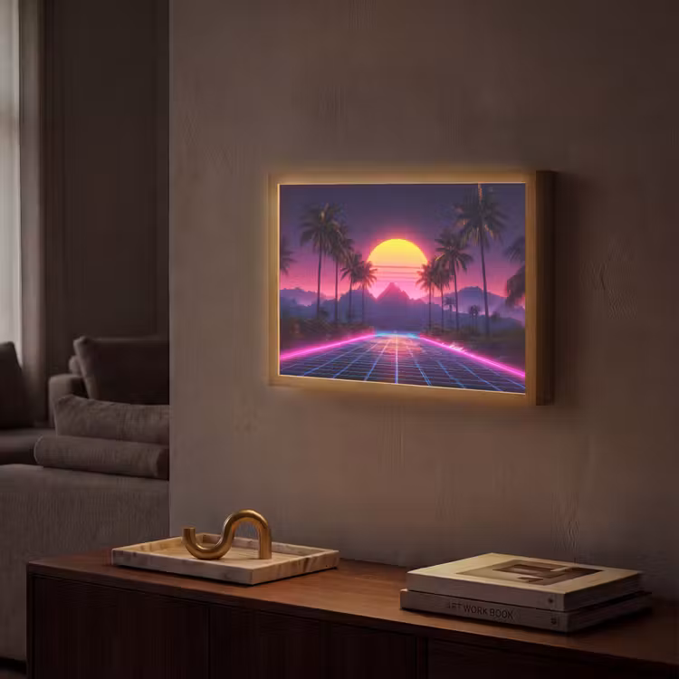 Horizon - Palmbomen - Bergen - Geel Light Box met batterij (Wandlamp) middel -sfeer1