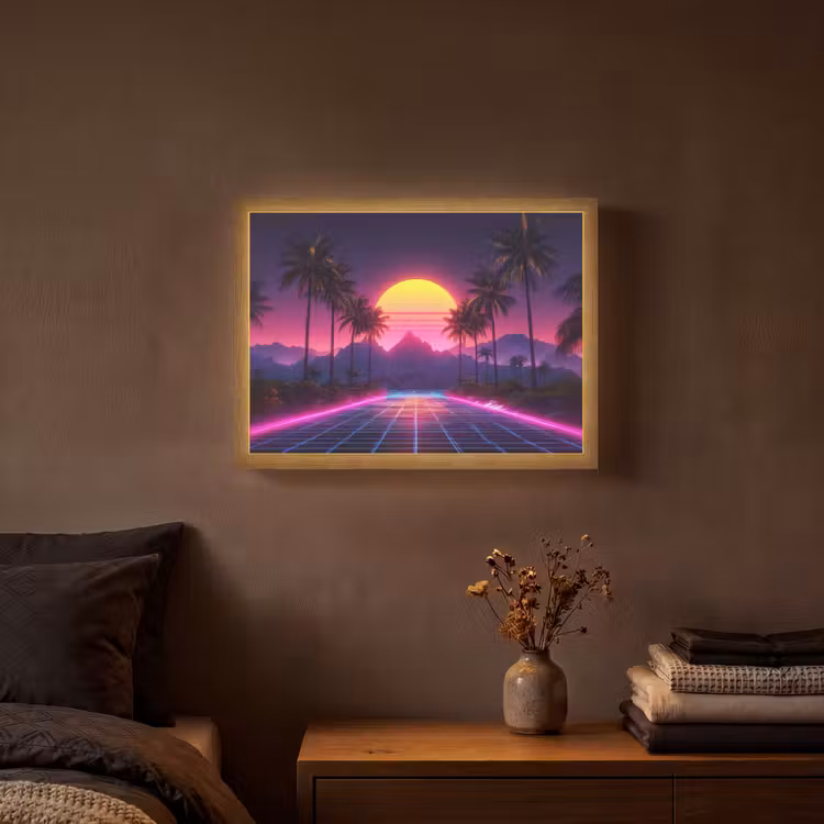 Horizon - Palmbomen - Bergen - Geel Light Box met batterij (Wandlamp) middel -sfeer4