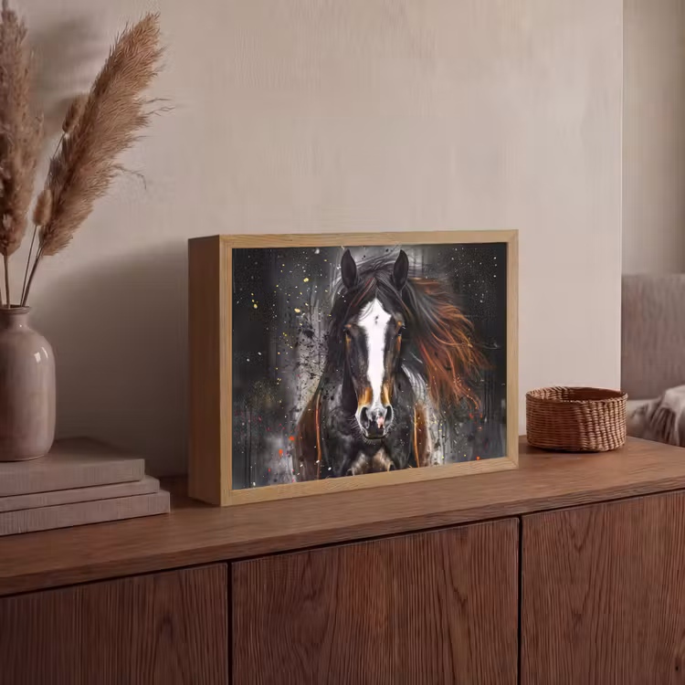 Paard - Dieren - Zwart - Luxe - Modern Light Box met batterij (Wandlamp) middel -sfeer2