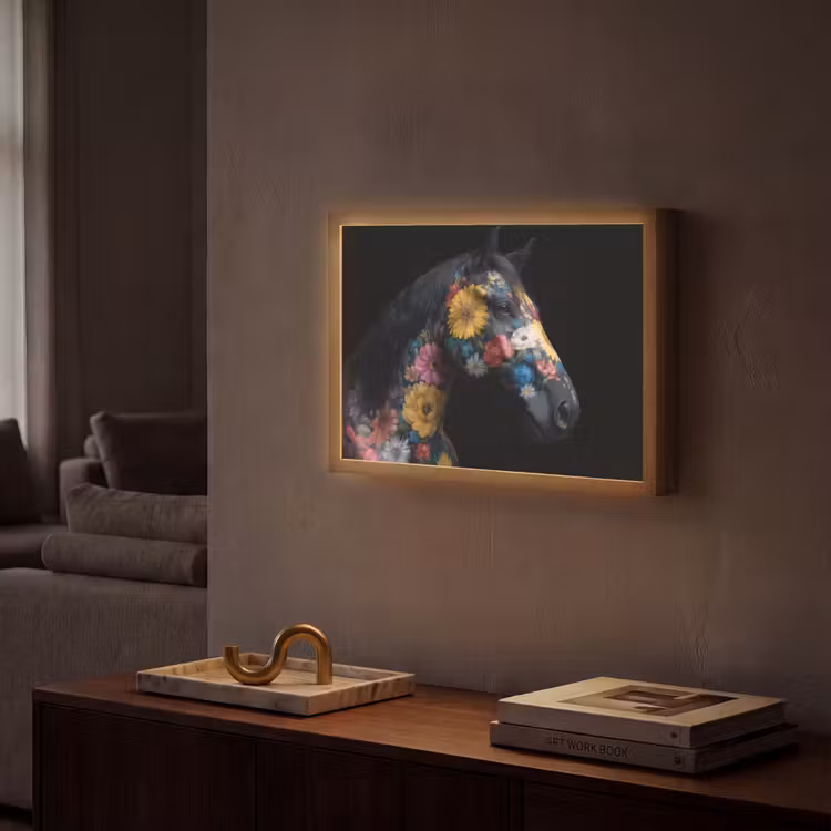 Paard - Bloemen - Zwart Light Box met batterij (Wandlamp) middel -sfeer1