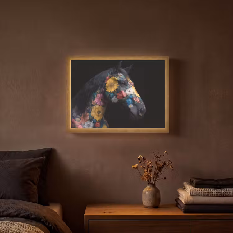 Paard - Bloemen - Zwart Light Box met batterij (Wandlamp) middel -sfeer4