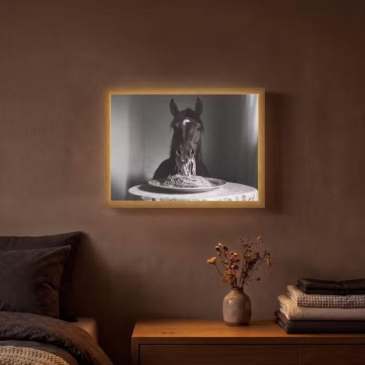Paard - Bord - Pasta - Tafelkleed - Zwart Wit - Dieren Light Box met batterij (Wandlamp) middel -sfeer4