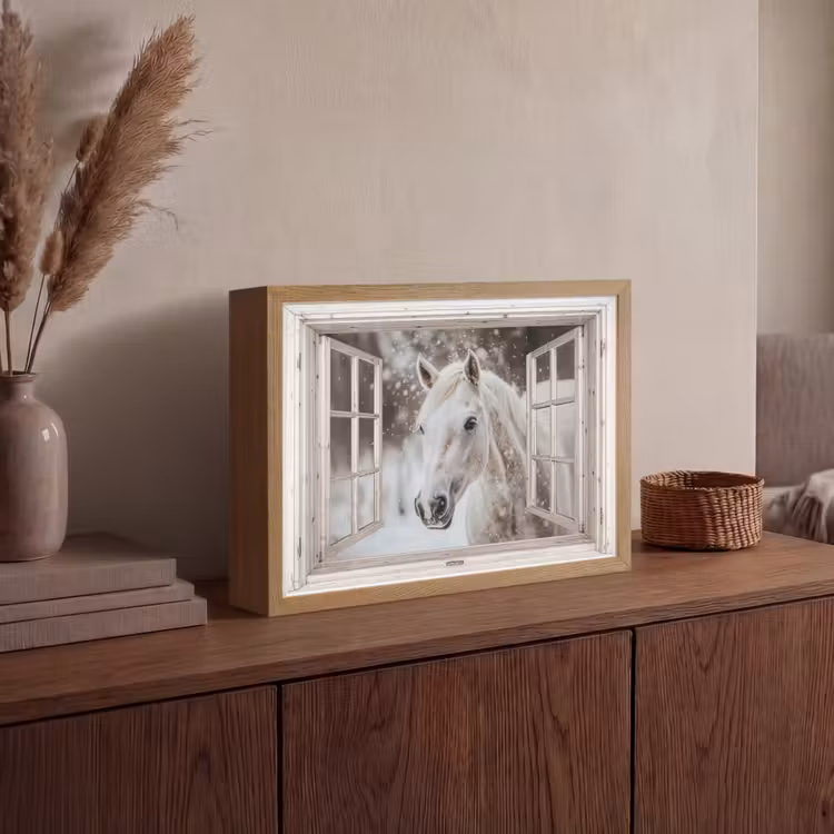 Paard - Wit - Winter - Sneeuw - Doorkijk - Dieren Light Box met batterij (Wandlamp) middel -sfeer2