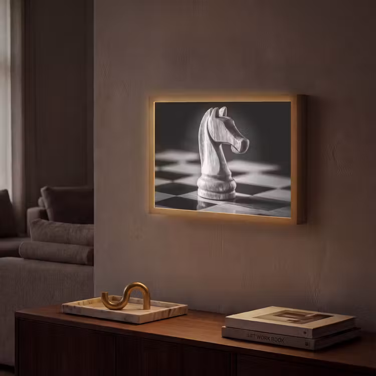 Paard - Hout - Schaalbord - Zwart Light Box met batterij (Wandlamp) middel -sfeer1