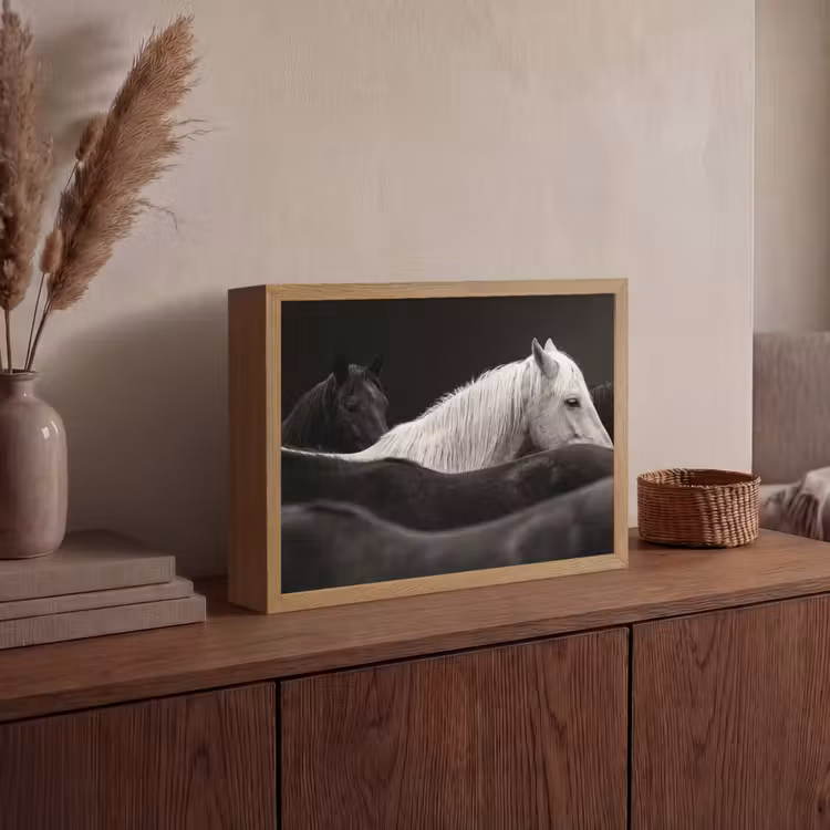 Paarden - Zwart - Wit - Kudde Light Box met batterij (Wandlamp) middel -sfeer2