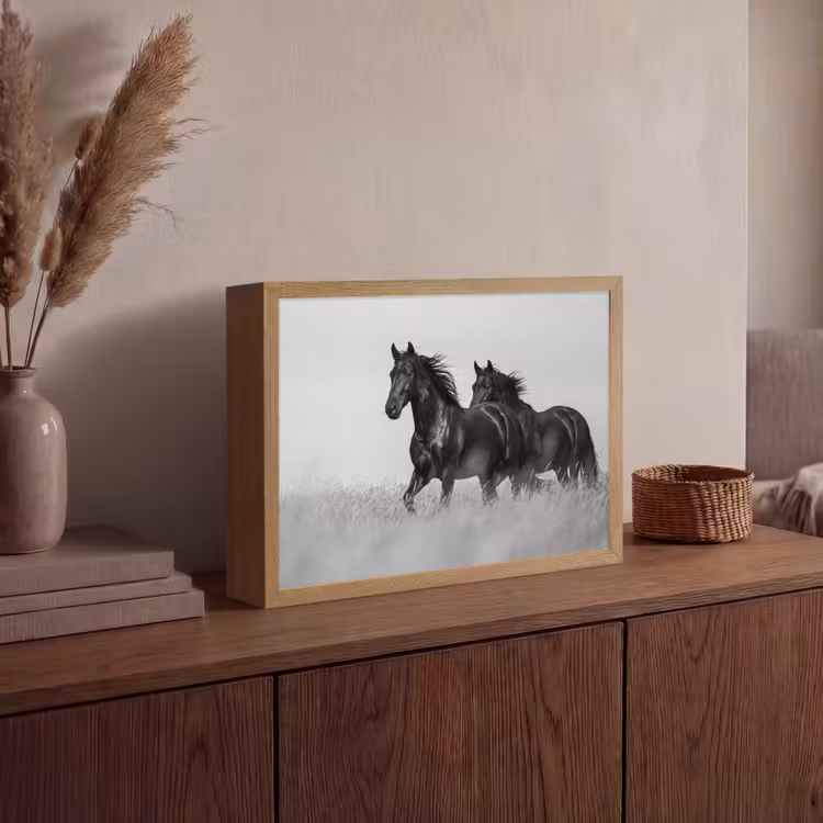 Paarden - Gras - Zwart - Wit Light Box met batterij (Wandlamp) middel -sfeer2