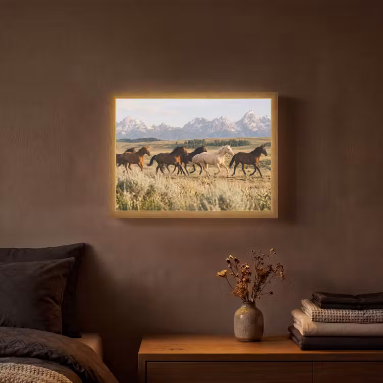 Paarden - Kudde - Bergen - Vrijheid - Wild Light Box met batterij (Wandlamp) middel -sfeer4