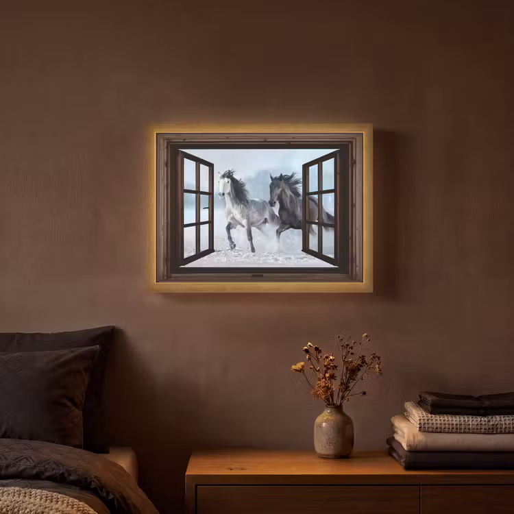 Paarden - Winter - Dieren - Natuur - Doorkijk Light Box met batterij (Wandlamp) middel -sfeer4