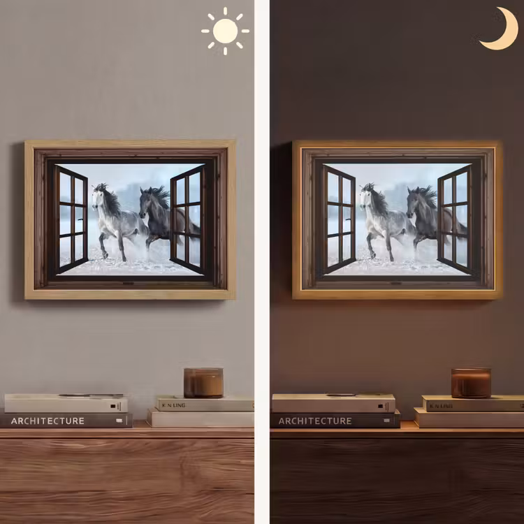 Paarden - Winter - Dieren - Natuur - Doorkijk Light Box met batterij (Wandlamp) middel -sfeer3