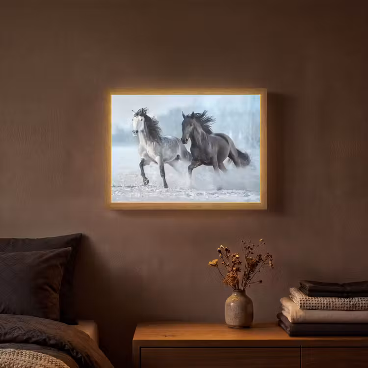 Paarden - Winter - Dieren - Natuur - Sneeuw Light Box met batterij (Wandlamp) middel -sfeer4