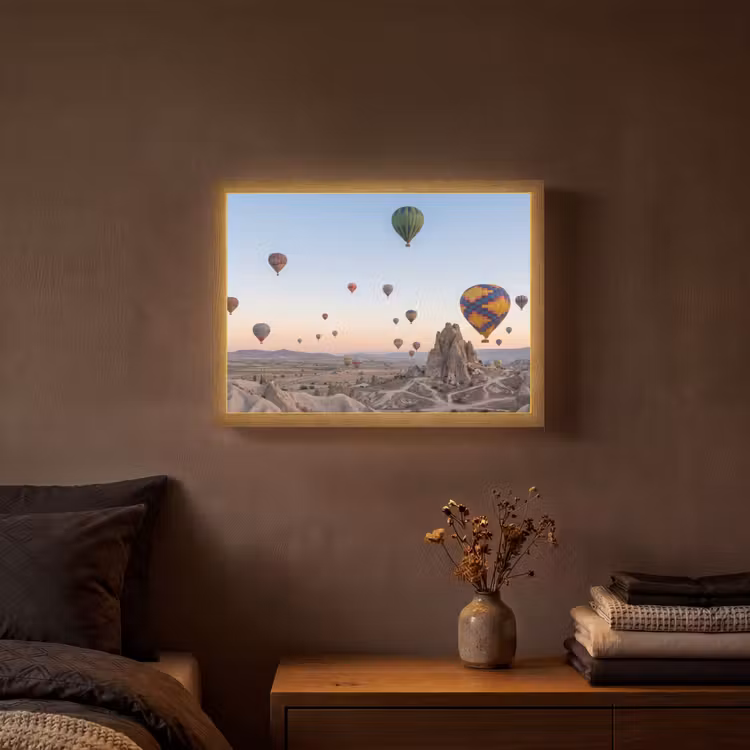 Luchtballonnen - Rotsen - Zonsopgang Light Box met batterij (Wandlamp) middel -sfeer4